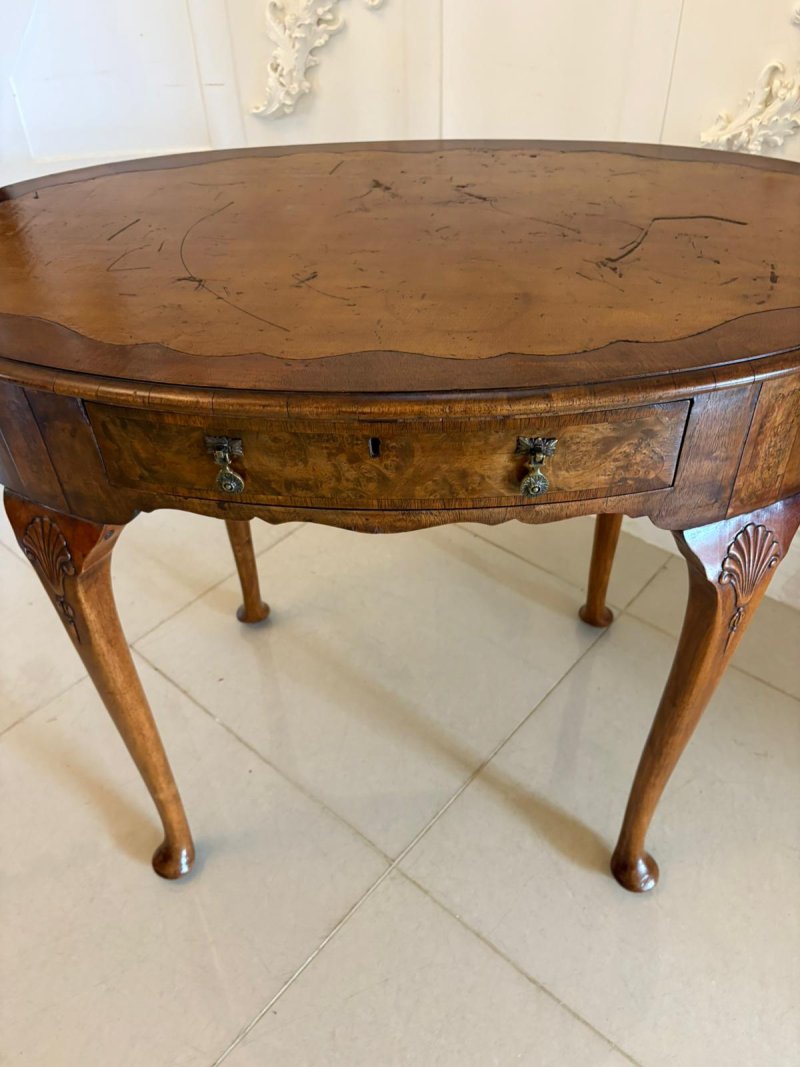 Antique Edwardian Quality Burr Walnut Freestanding Oval Shaped Writing Table - Image 11